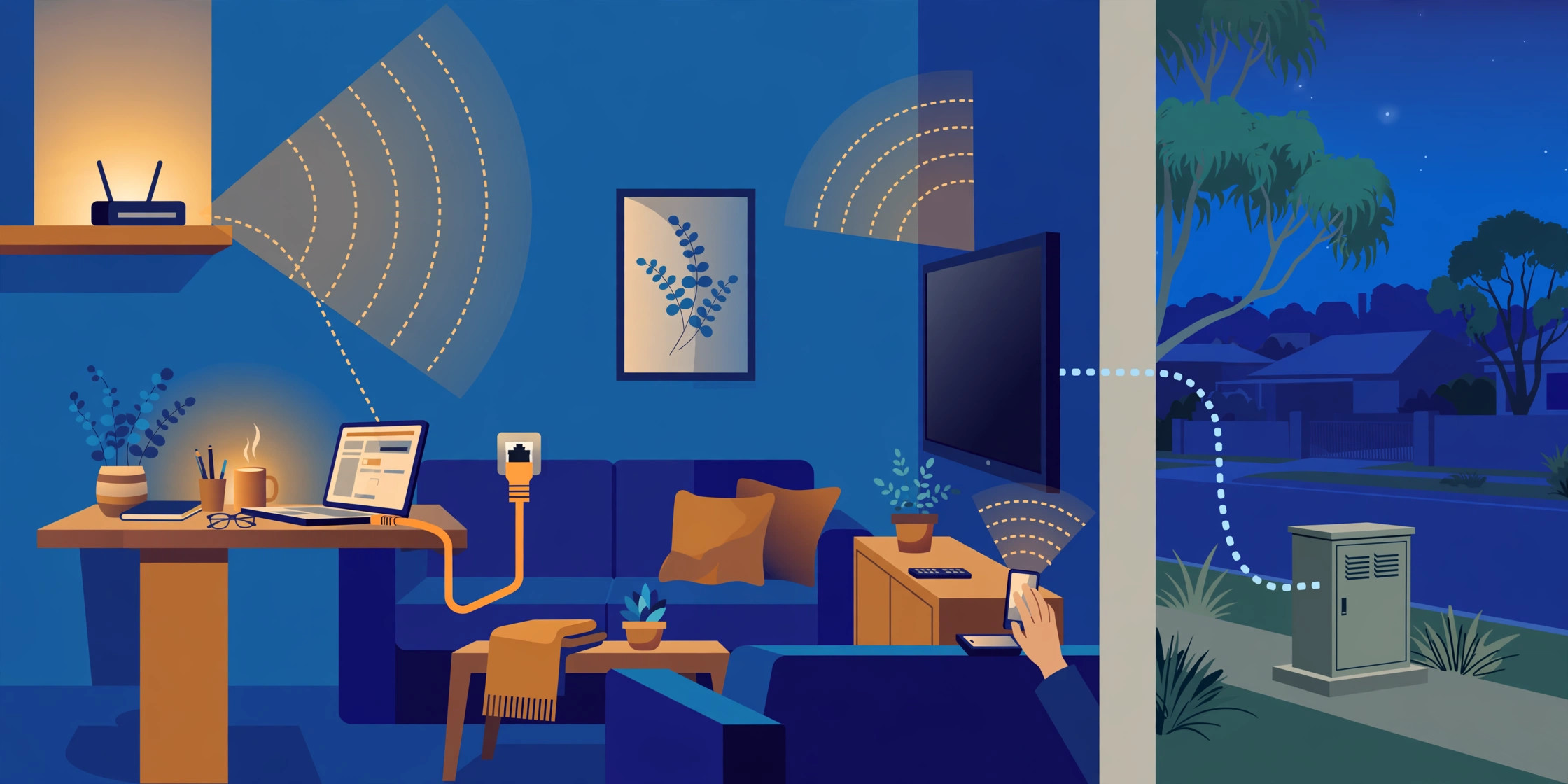 Illustration of an Australian living room at evening with a Wi-Fi router on a high shelf broadcasting signal waves to a laptop, TV and phone, while a laptop connects by Ethernet cable and a dotted line traces the connection to a street cabinet outside