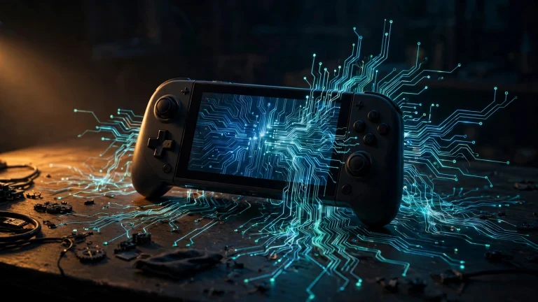 Illustration: a handheld gaming console silhouette on a dark desk at night, its screen glowing with code and circuit traces spilling past the screen edges