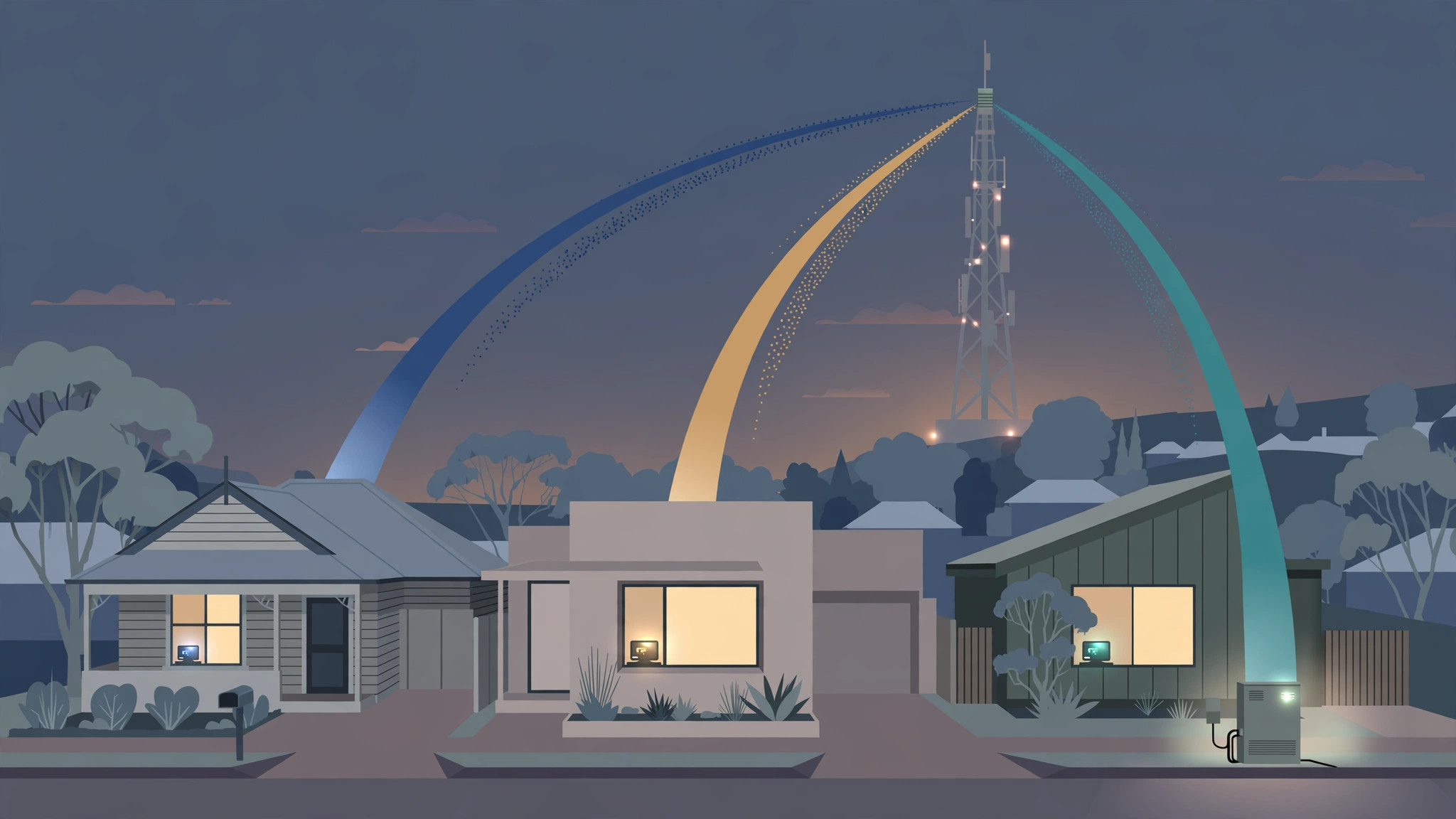 Illustration of an Australian suburb at dusk with three neighbouring homes connected by deep blue, warm amber and teal signal arcs rising toward a mobile tower and a streetside NBN node box