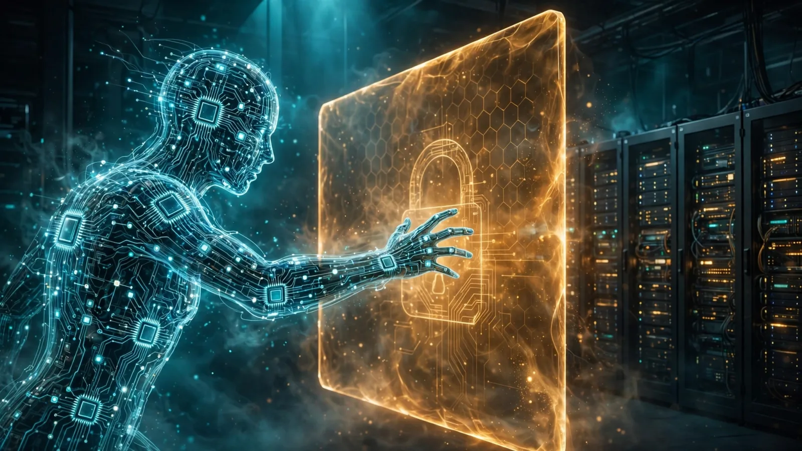 Original illustration: a glowing humanoid AI figure made of circuit light patterns reaching toward server racks, stopped by a translucent amber force-field wall with a padlock motif, dark server room, teal and amber grade