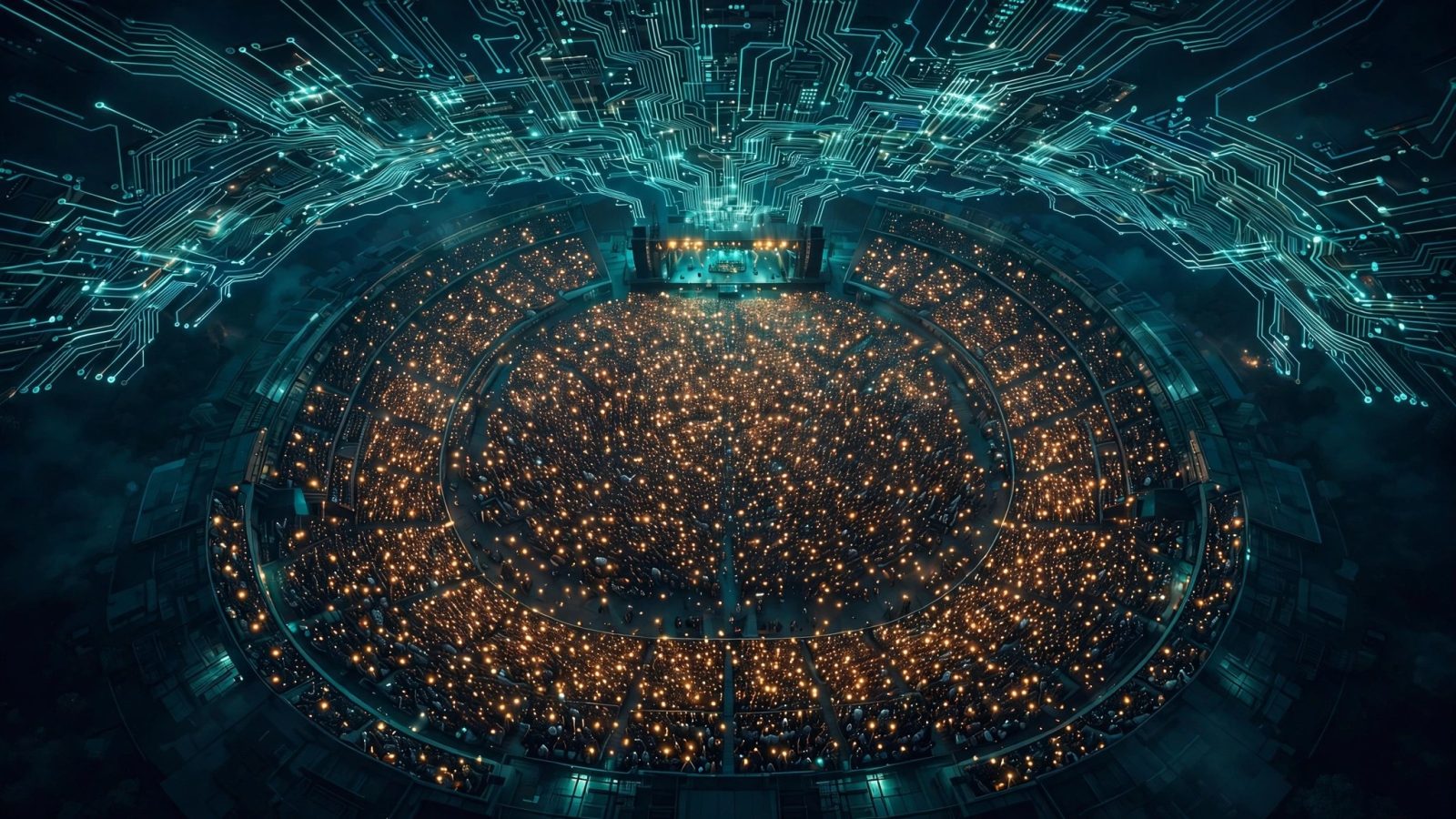 Original illustration of a concert arena at night with glowing phone screens and a circuit-board canopy in the sky, representing AI and ticketing data