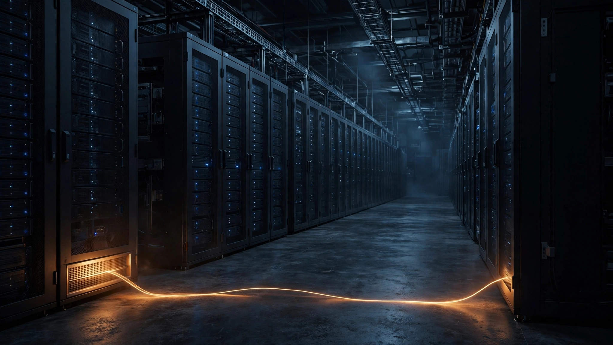 Original editorial illustration of a dark server hall at night: rows of rack cabinets receding into shadow, one cabinet glowing amber at its base with a thin stream of light spilling across the floor toward a neighbouring cabinet