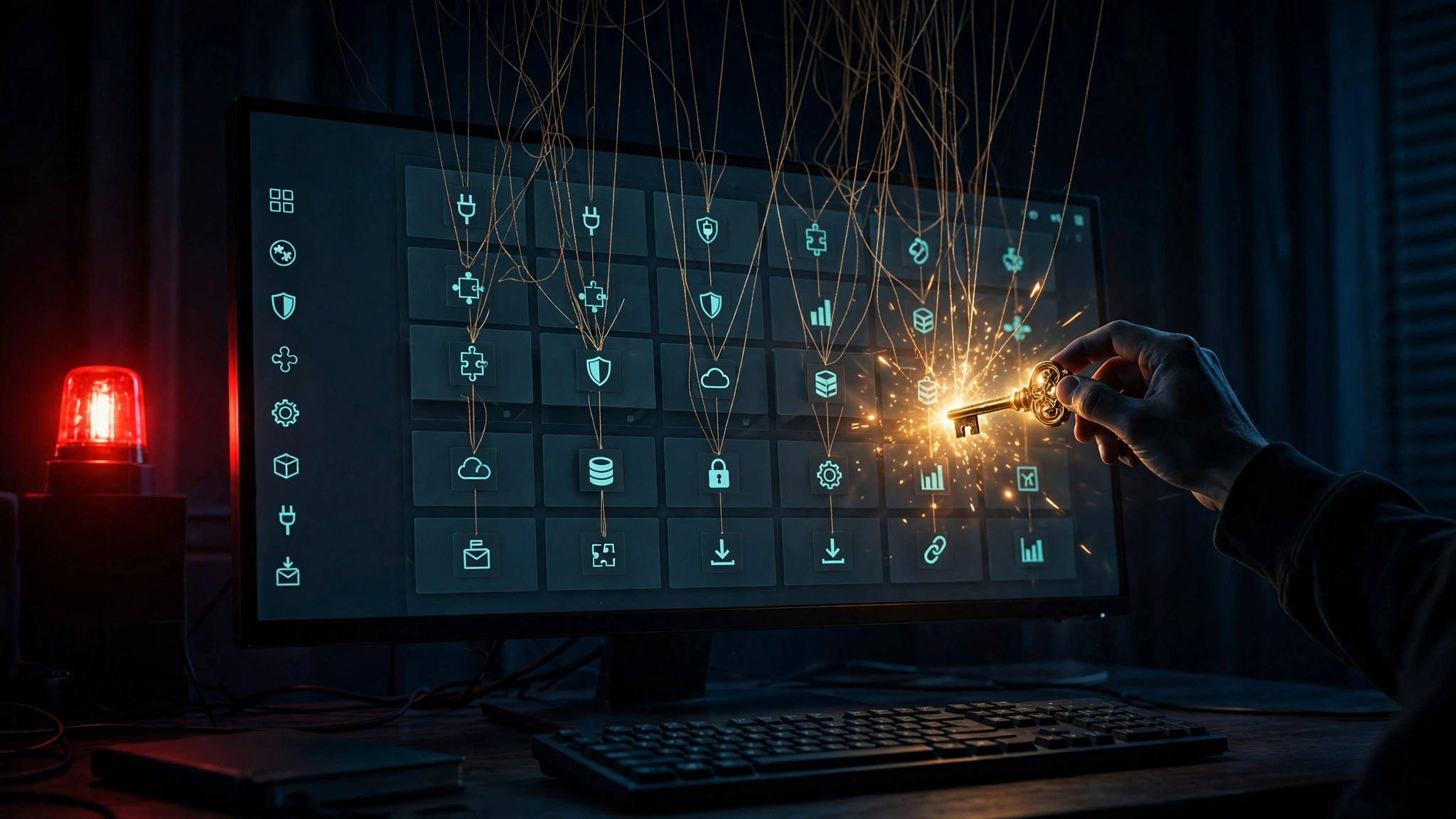 Original illustration: a shadowy hand inserting a glowing golden key into a dark admin dashboard at night, puppet strings rising from plugin icons, red warning glow on one side, teal and amber grade
