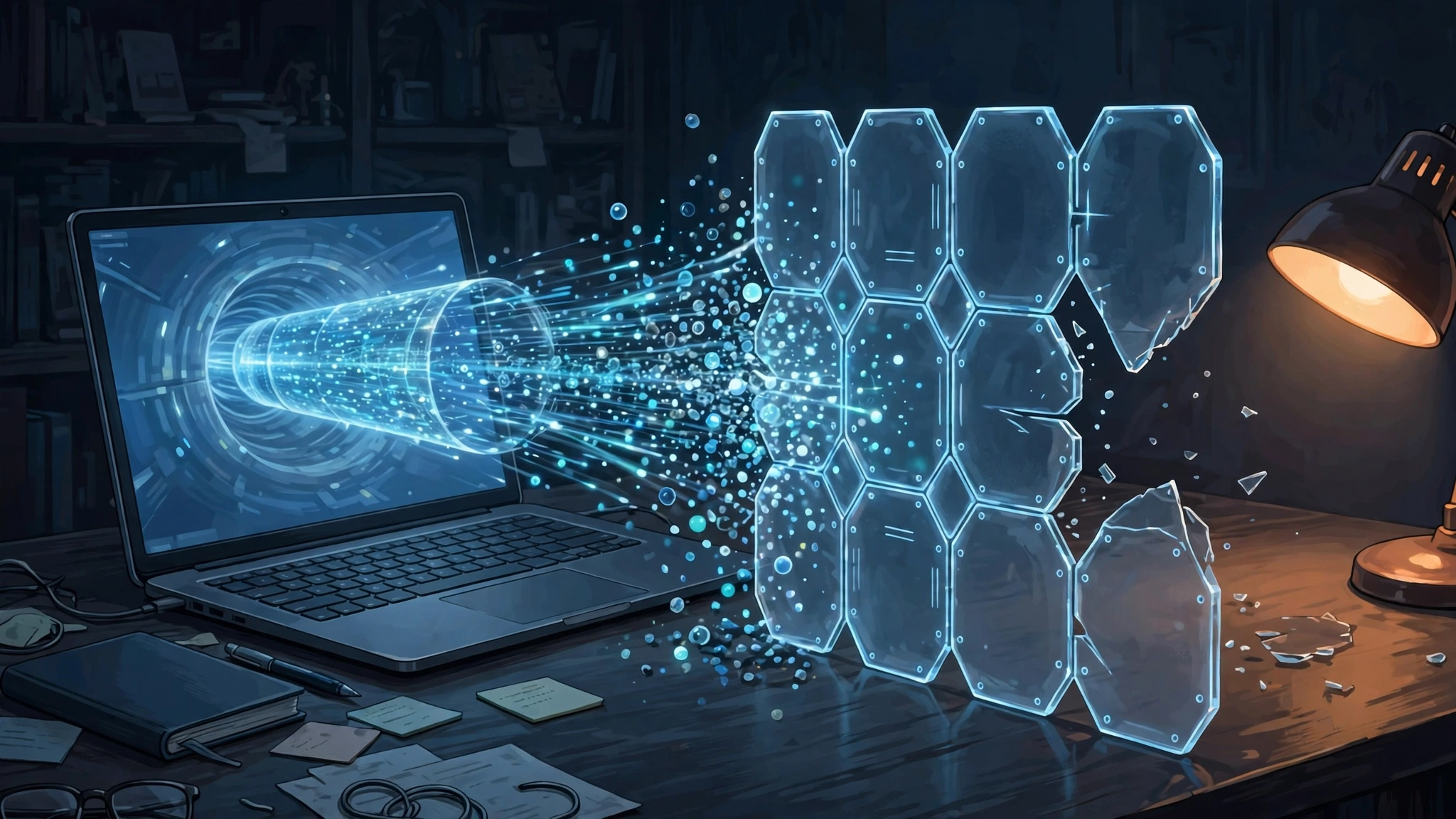 Original editorial illustration of a laptop on a desk at night, its screen showing a glowing tunnel of light that suddenly breaks mid-air, while a firewall-like barrier of translucent panels slams shut across the gap, stopping small light-particles from escaping past it, deep blue-grey palette with one muted amber desk-lamp accent