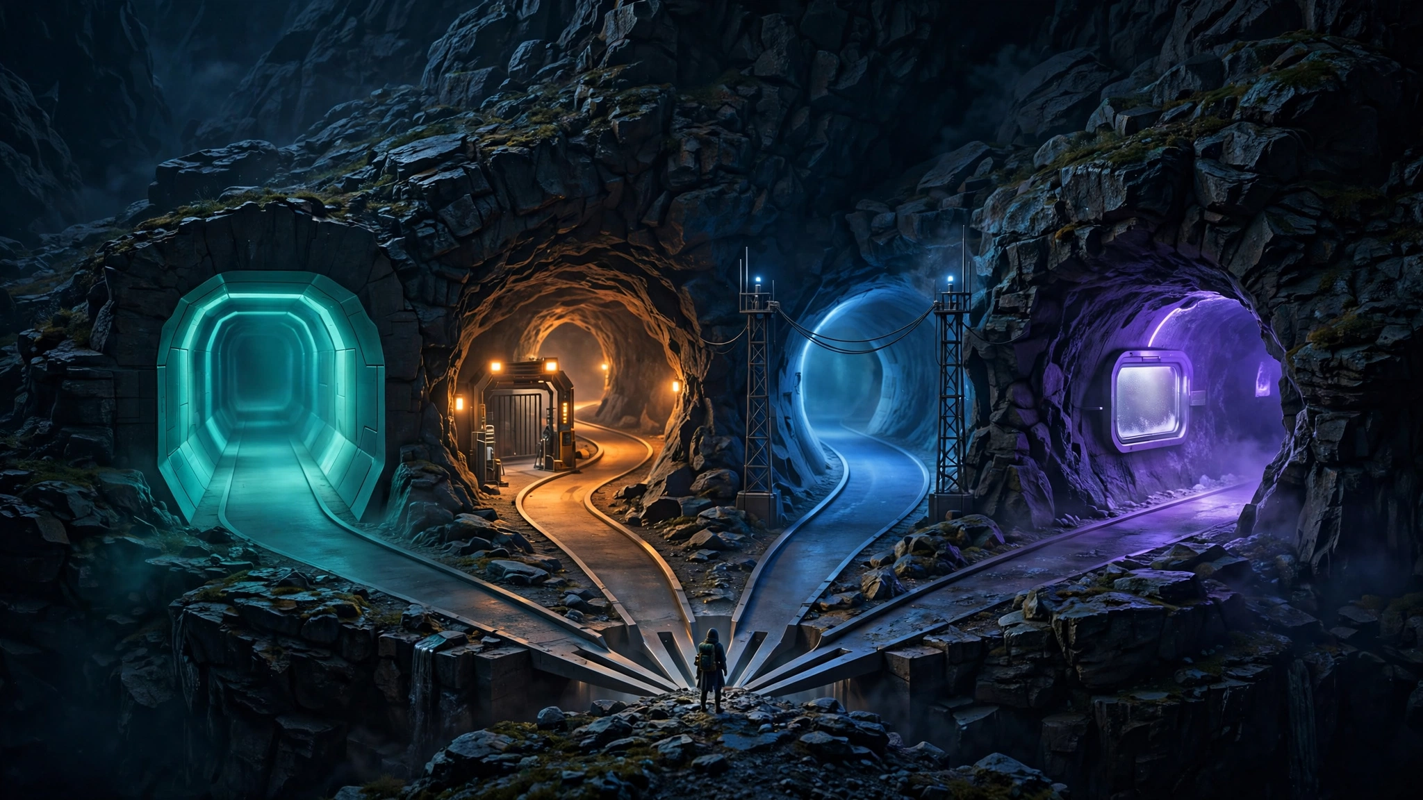 Original editorial illustration of four parallel glowing tunnels cut through a rock face: teal and straight, amber and winding with a checkpoint gate, blue bending between two signal towers, violet with a frosted half-closed inspection window, a small traveler standing at the fork where the tunnels split