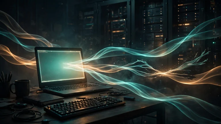 Original editorial illustration of a developer workspace at night, a glowing terminal window on a dark desk with translucent ribbon-like trails of light flowing toward a shadowed third-party server rack, one ribbon fraying mid-flight