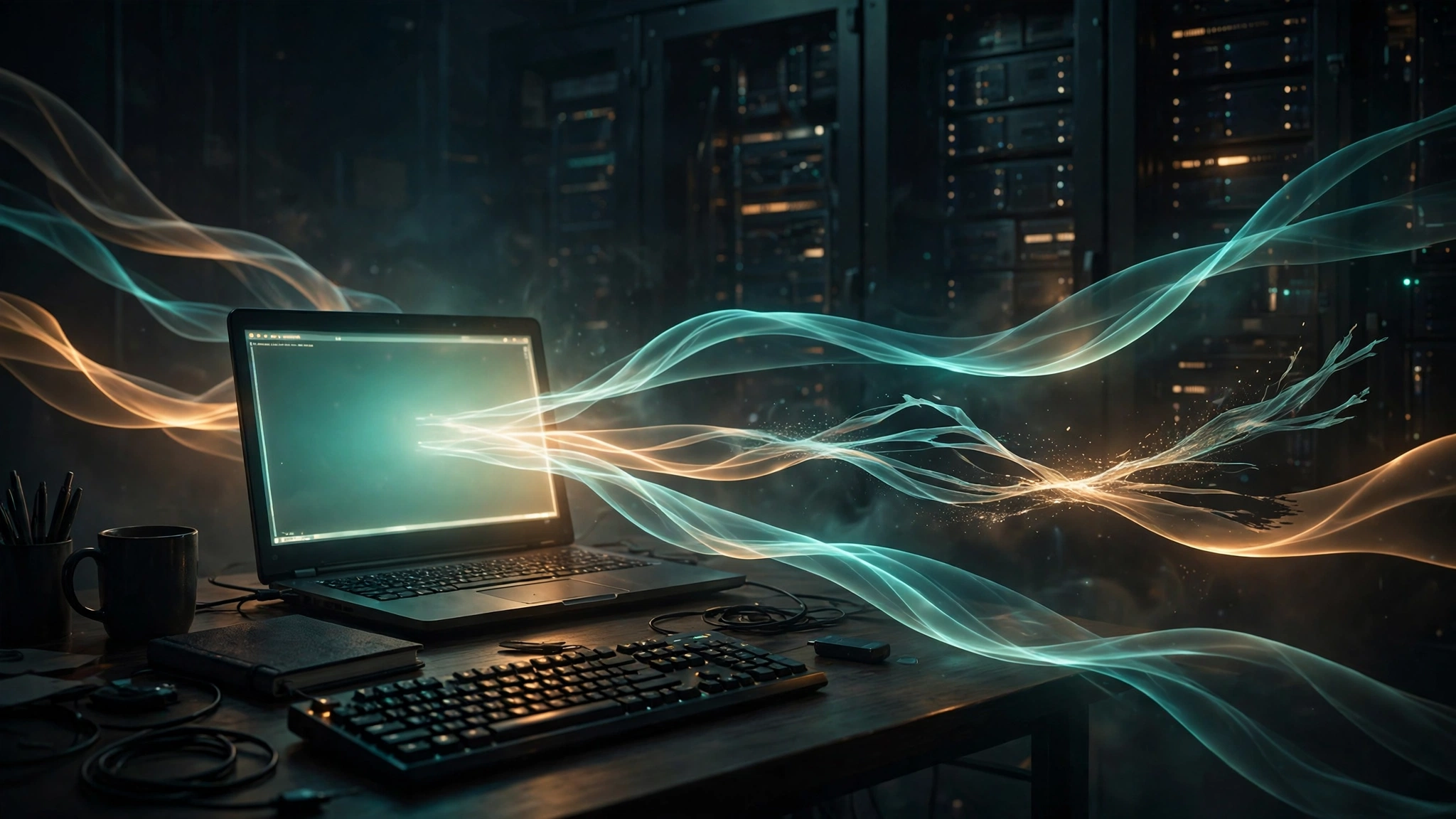 Original editorial illustration of a developer workspace at night, a glowing terminal window on a dark desk with translucent ribbon-like trails of light flowing toward a shadowed third-party server rack, one ribbon fraying mid-flight