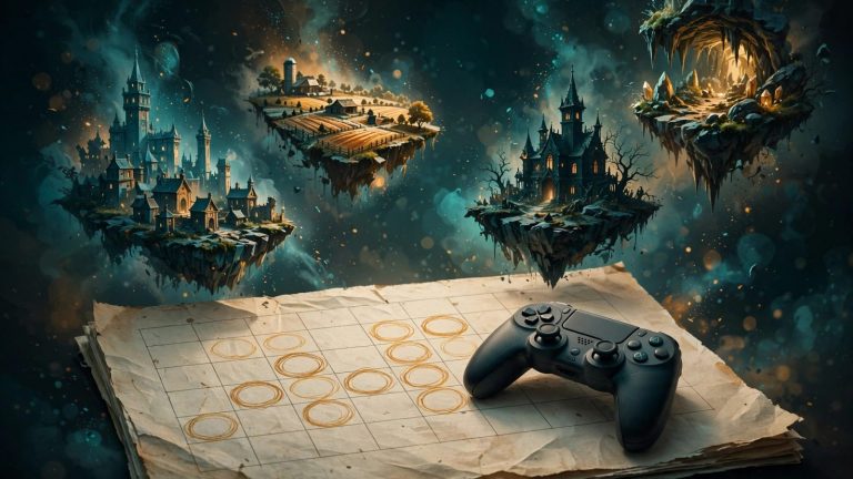 Original illustration: game controller on a calendar page with circled dates, floating game-world fragments rising above, teal and amber grade